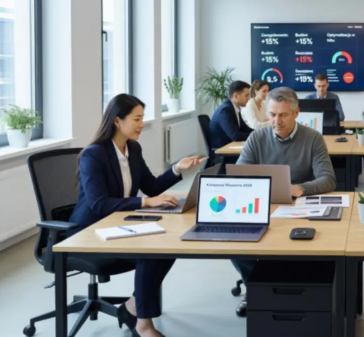 Nowoczesne biuro agencji marketingowej z zespołem planującym kampanie digitalowe