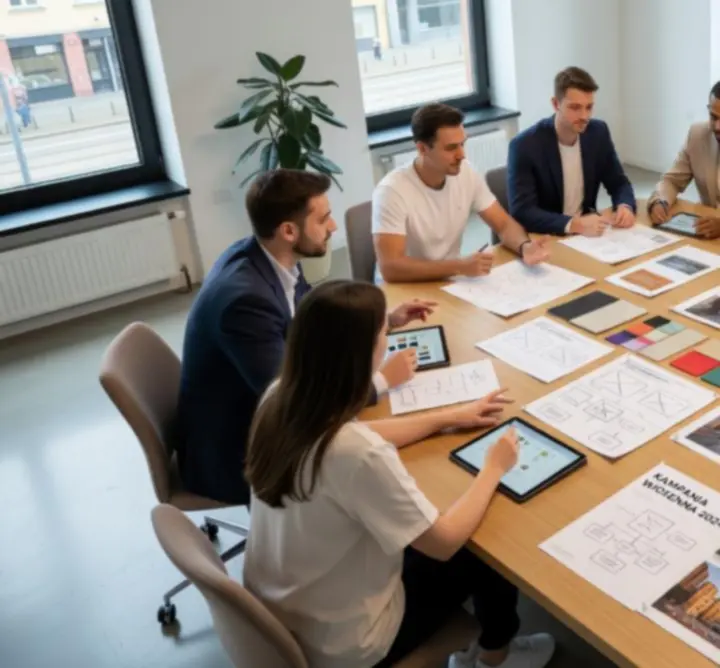 Zespół agencji marketingowej planuje strategię content marketingu przy wspólnym biurku